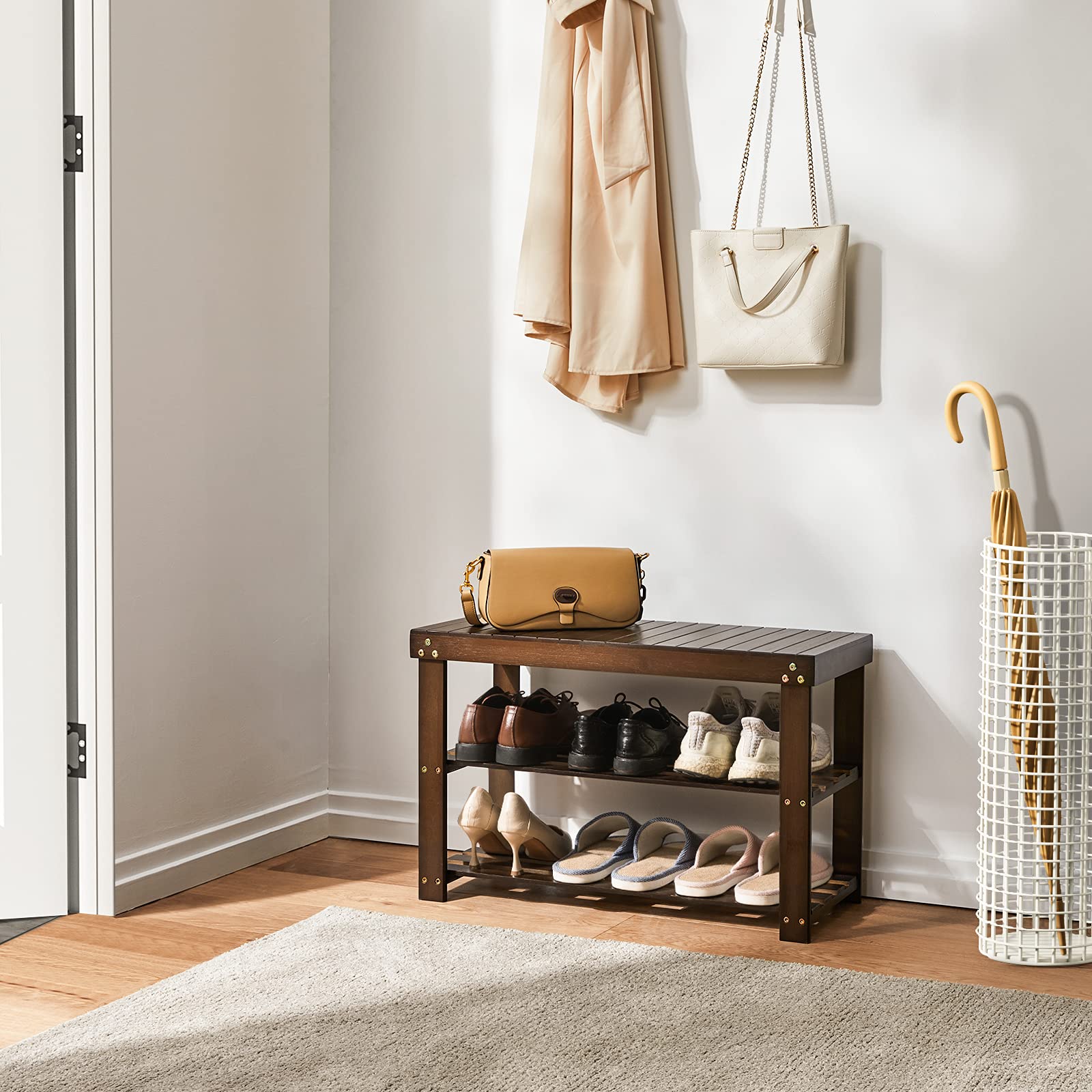 '-Tier Bamboo Shoe Rack Bench Storage Organizer for Entryway Brown