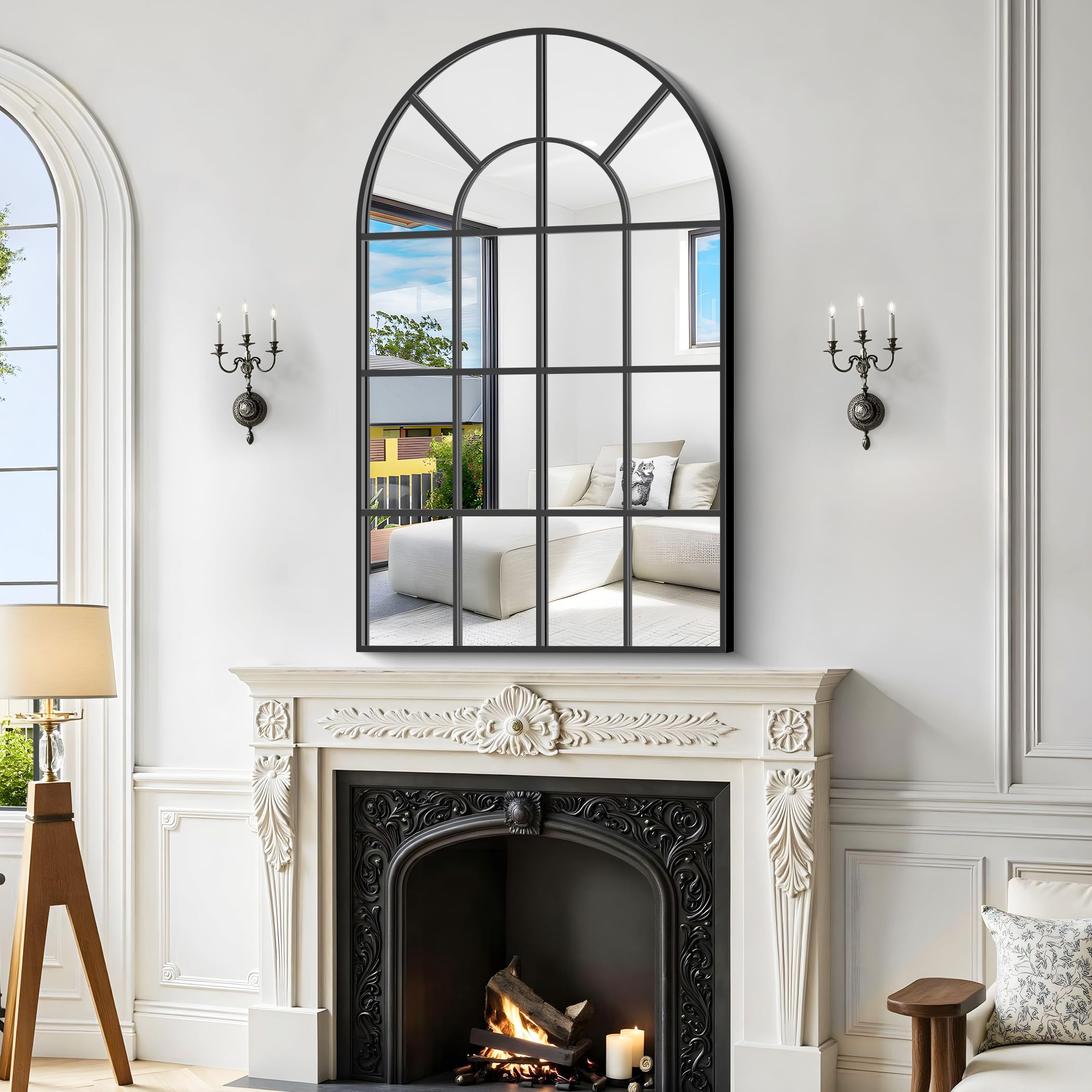 New GLASHOM 30x48 Black Arched Window Pane Wall Mirror Retail $149.00