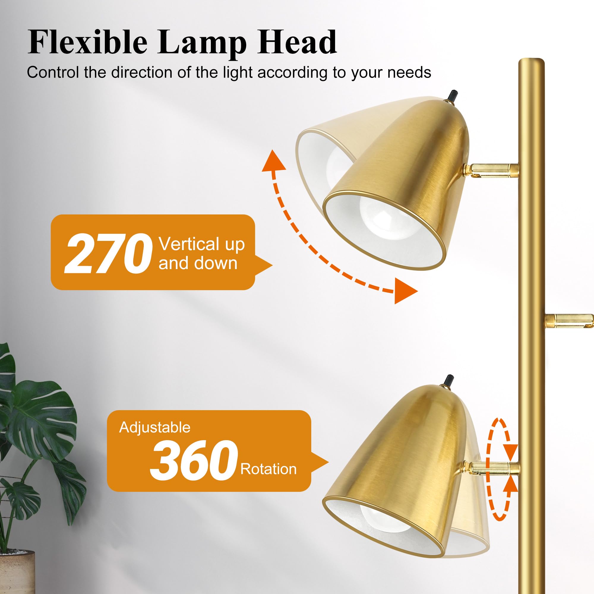 Brushed Gold Tree Floor Lamp with 3 Light Bulbs Standing Tall Pole Lamp 3 Adjustable Arms Retail $61.00