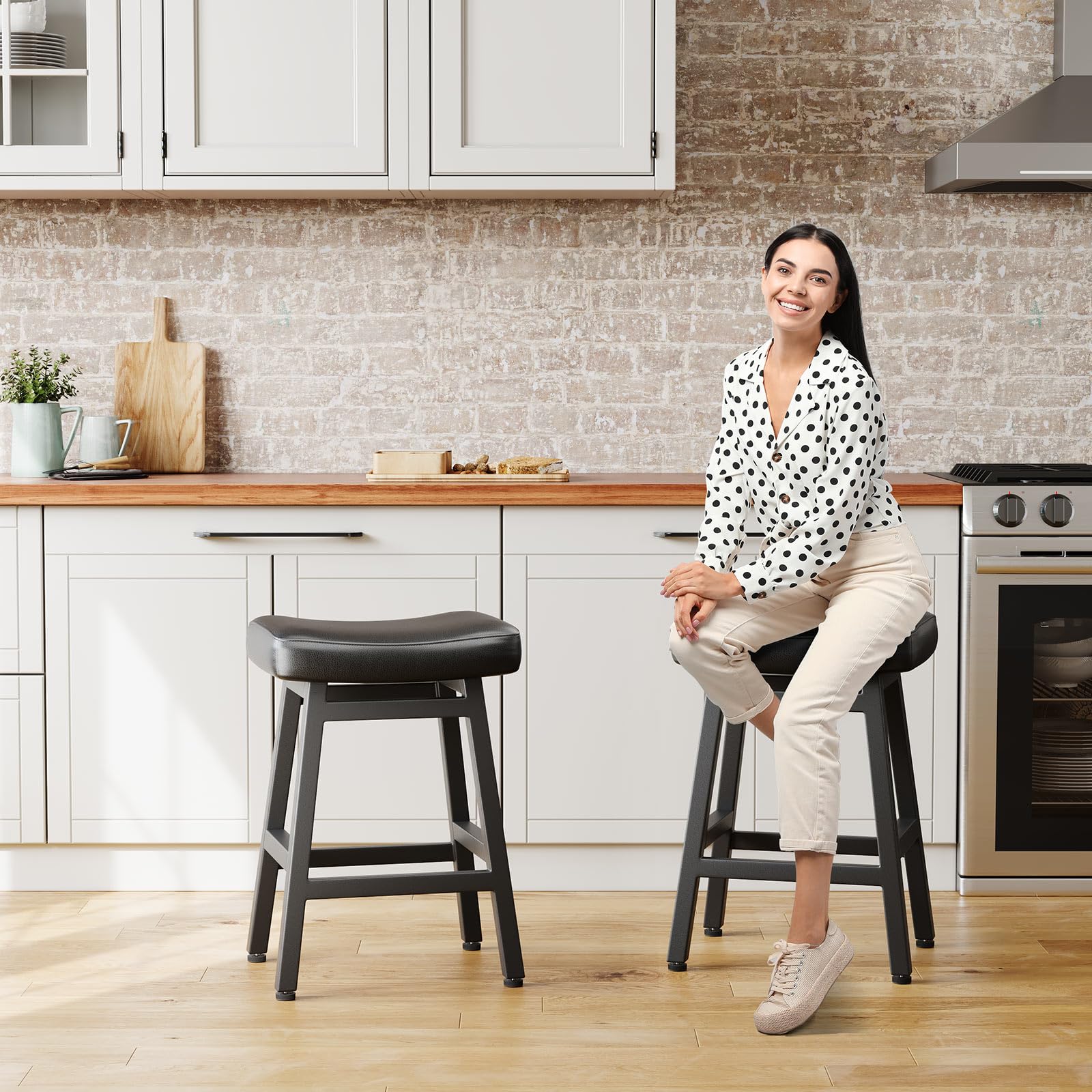 Set of 2 All Black 24 Inch Counter Height Bar Stools w Bonded Leather Saddle Seats