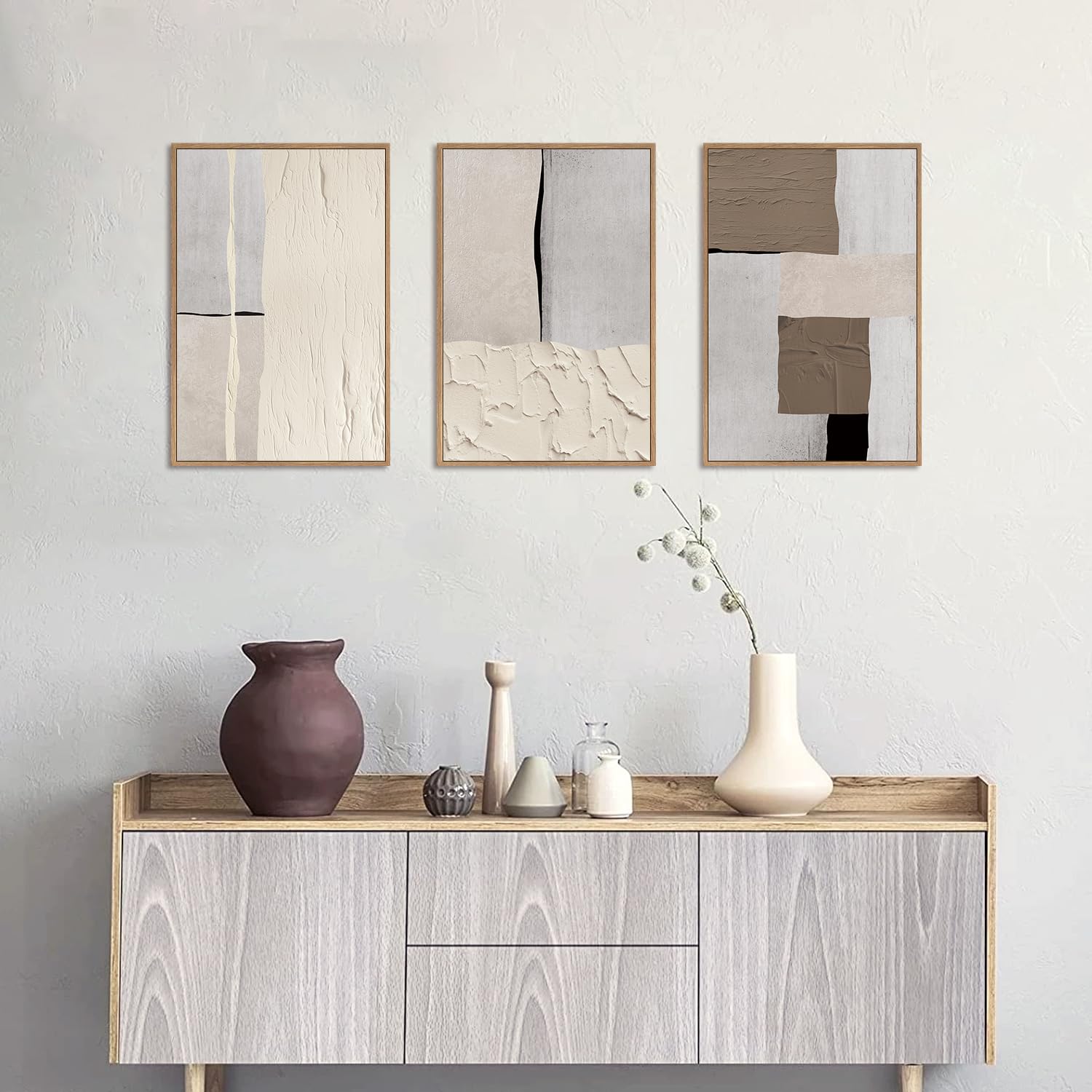New LHIUEM Large Abstract Neutral Framed Canvas Wall Art Set 24x36x3 Mid-Century Style. Retail $116.00