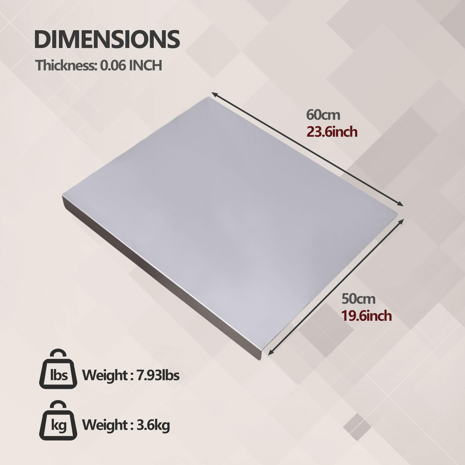 Stainless Steel Kitchen Cutting Board Double-Sided 19.6x23.6x0.06 Silver