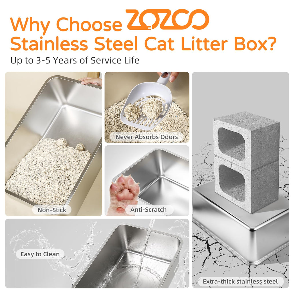 XL Gray High-Sided Stainless Steel Cat Litter Box