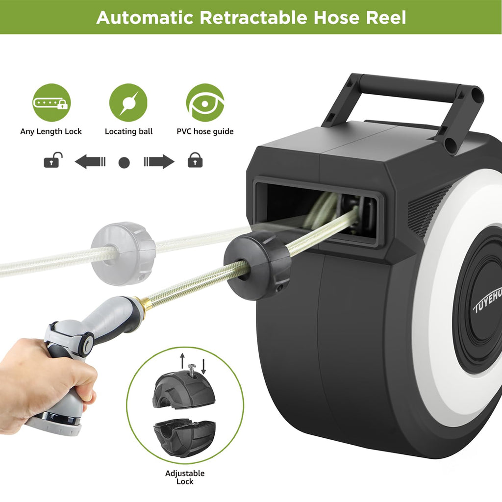 FT Retractable Garden Hose Reel Wall Mount Heavy Duty Automatic Rewind 2 Nozzles BlackCream
