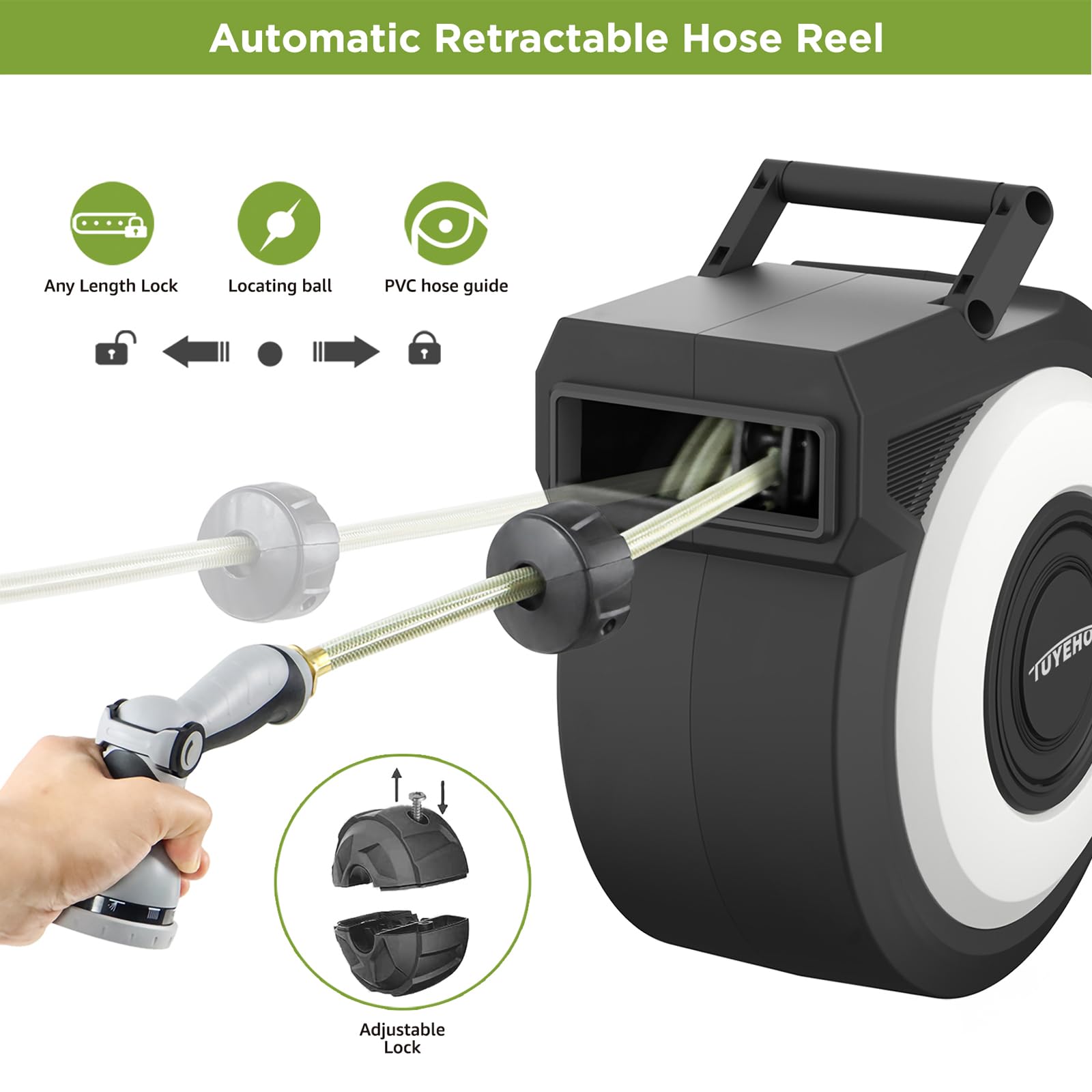 FT Retractable Garden Hose Reel Wall Mount Heavy Duty Automatic Rewind 2 Nozzles BlackCream