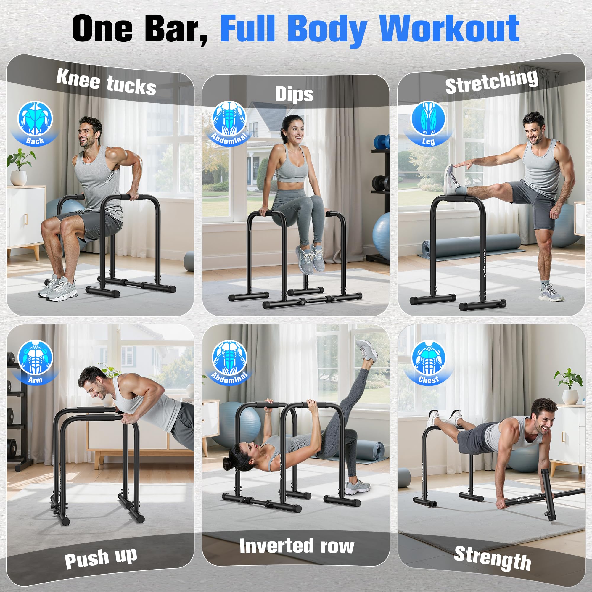 Open-Box New Sportsroyals DP3 Adjustable Dip Station 400LBS Heavy Duty Parallette Bars - Black.