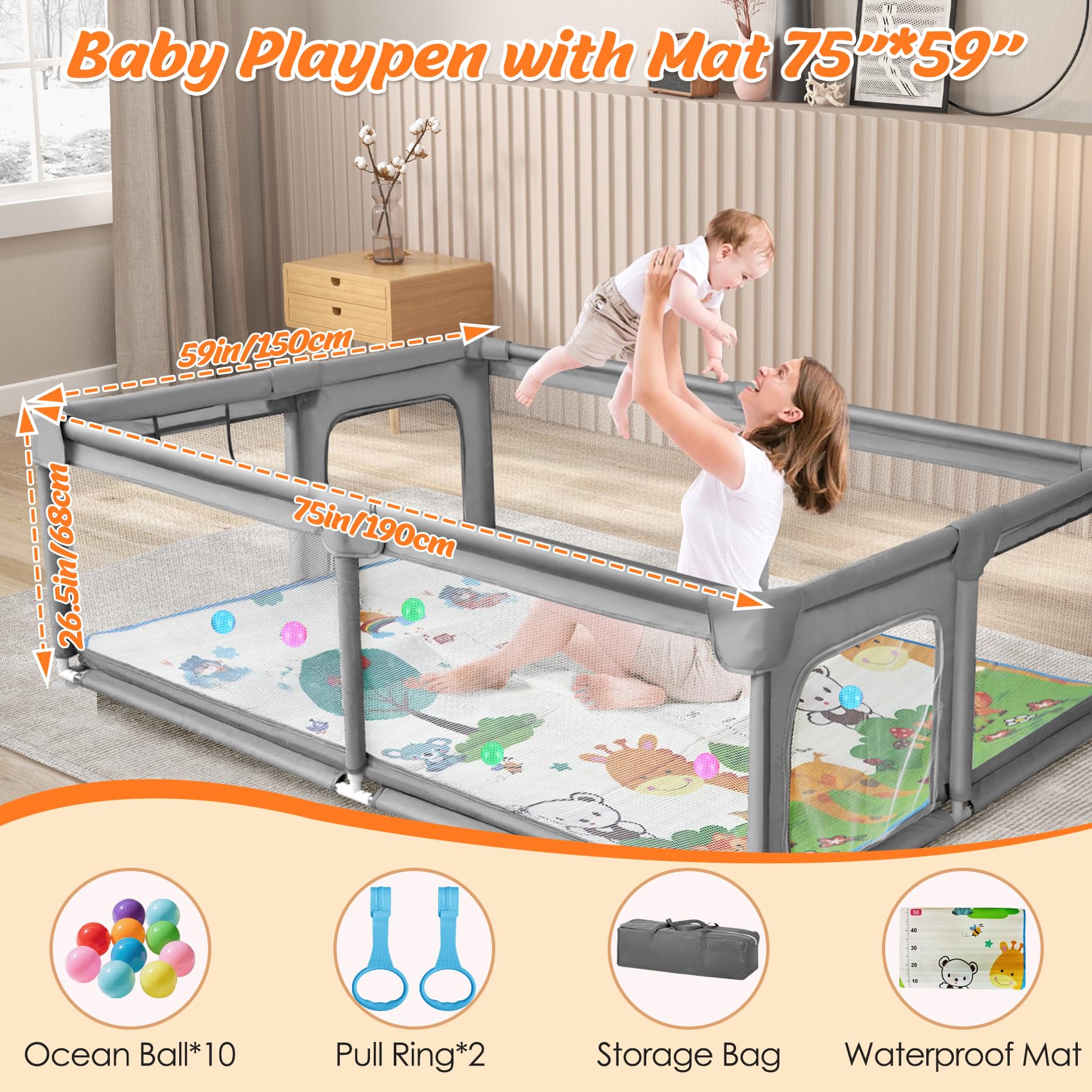 Open-Box New FRTUI Extra Large Baby Playpen w Mat 75x59.