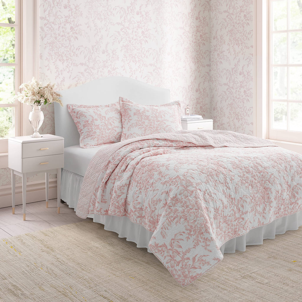 Laura Ashley - Twin Quilt Set, Soft & Reversible Cotton Floral Bedding with a Medium Weight Feel, 2 Piece Bed Set with Matching Pillowcase (Bedford Pink) Retail $79.00