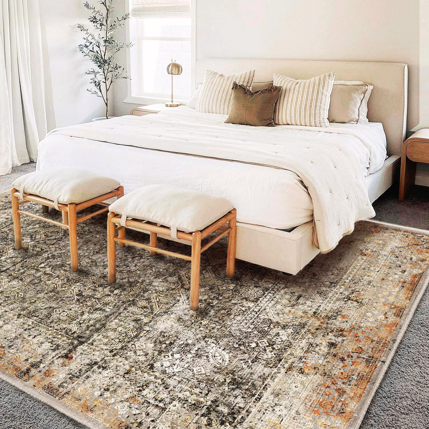Khaki Black 9x12 Washable Non-Slip Vintage Distressed Floral Low-Pile Area Rug