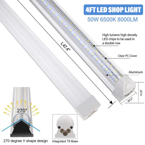 10Pack 4FT LED Shop Light - 50W 8000LM 6500K Linkable Clear Cover T8 LED Tube Light for Workshop, Warehouse, Basement - Plug and Play Retail $77.00