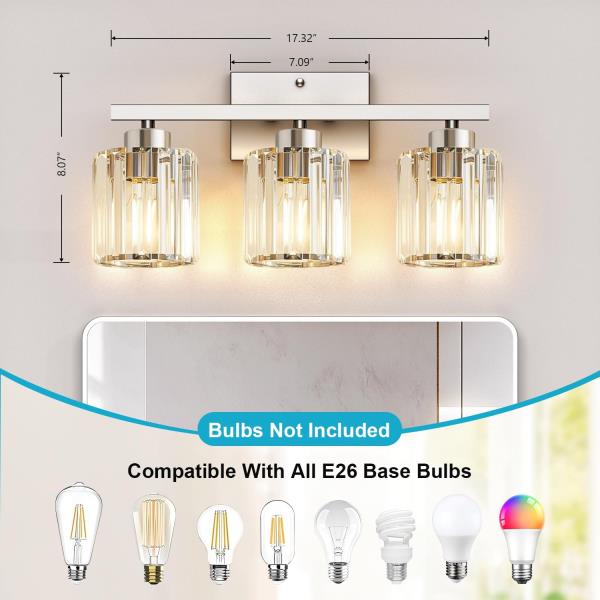 -Light Brushed Nickel Bathroom Vanity Light Fixture with Crystal Round Shades
