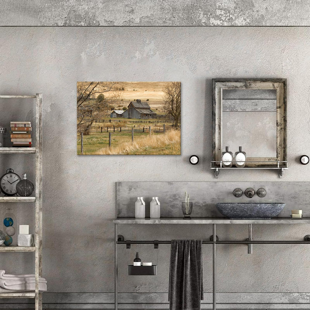 Framed Rustic Farmhouse Canvas Wall Art Vintage Barn Landscape 24x16 Inch Ready to Hang