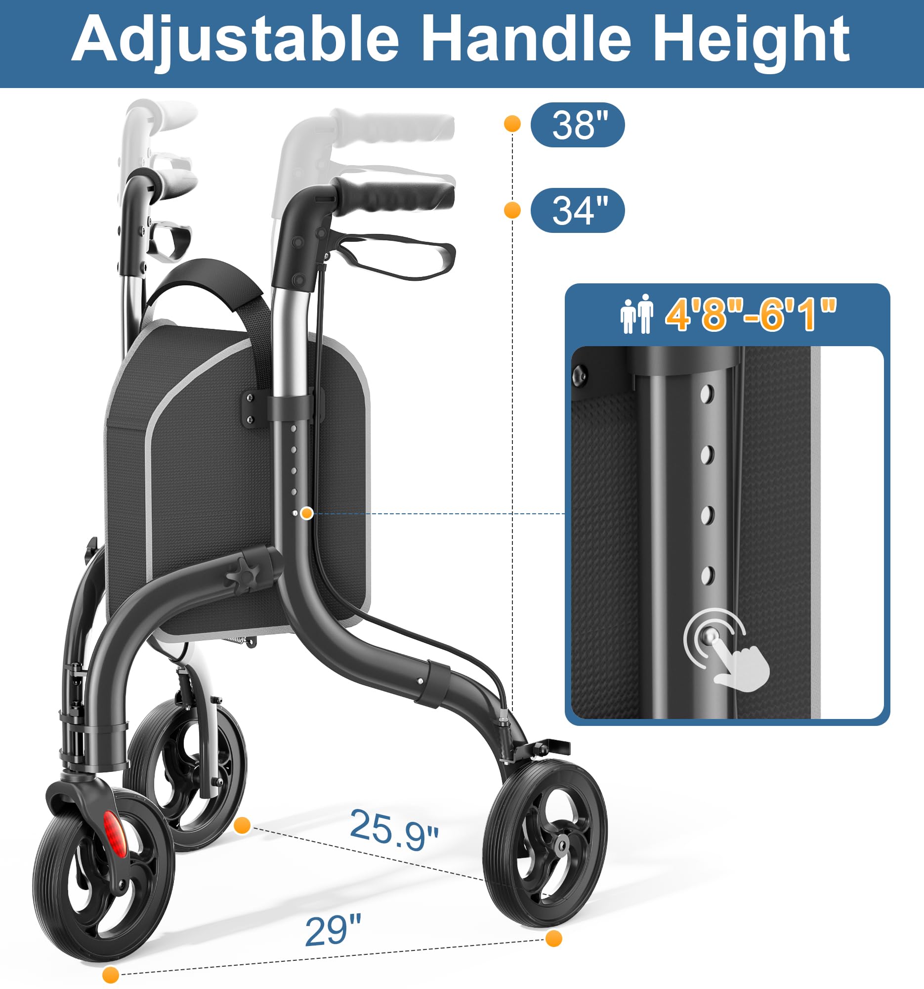 Black 3 Wheel Lightweight Foldable Aluminum Rollator Walker with Storage Bag