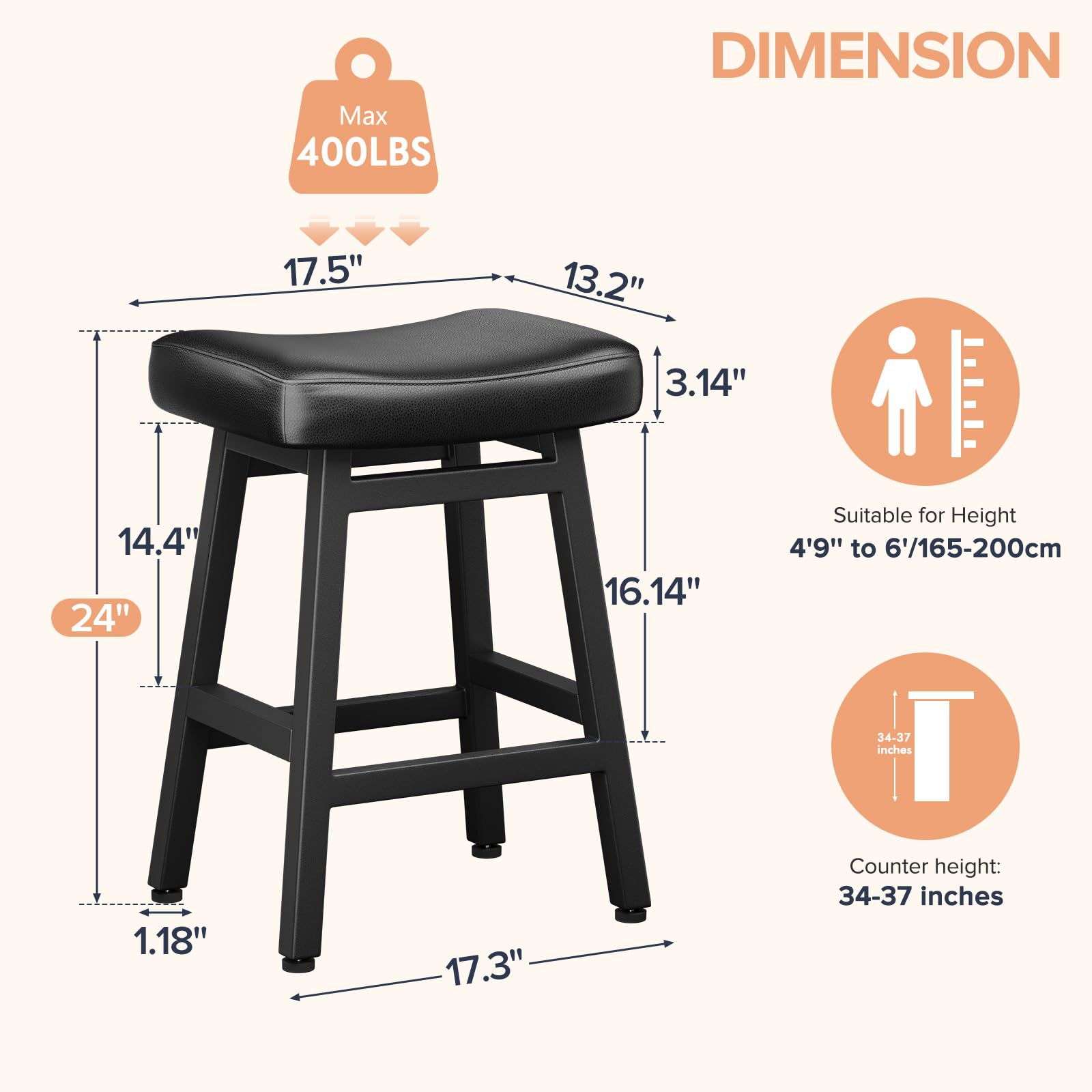 Set of 2 All Black 24 Inch Counter Height Bar Stools w Bonded Leather Saddle Seats