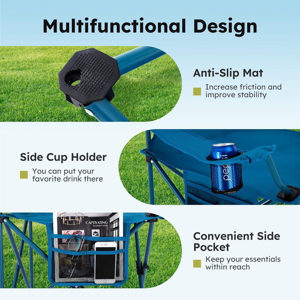 -Pack Heavy Duty Folding Camping Chairs with Cooler Bag  Lumbar Support - Blue