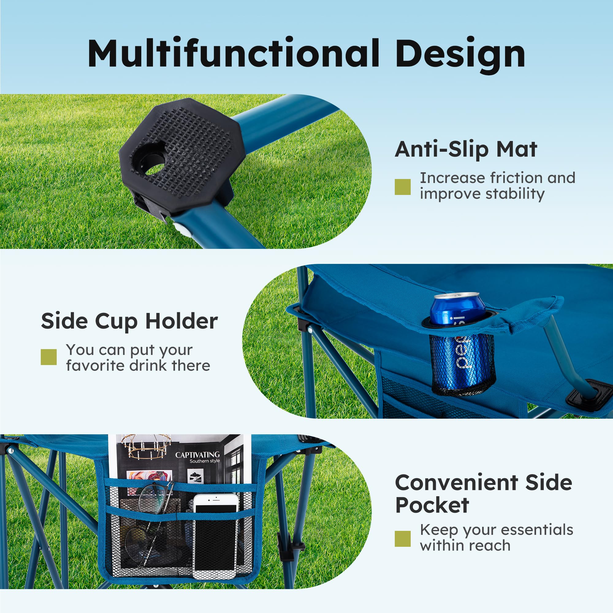 -Pack Heavy Duty Folding Camping Chairs with Cooler Bag  Lumbar Support - Blue