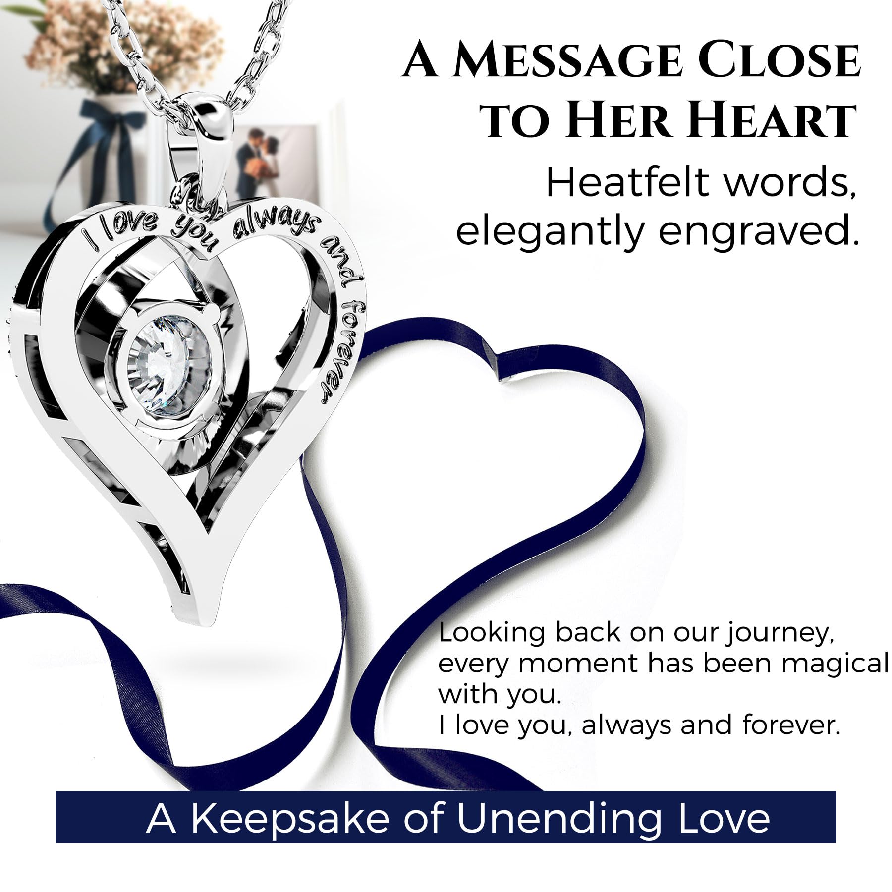 Heart Pendant Necklace Moissanite S925 Sterling Silver White Gold I Love You Engraved Retail $161.00