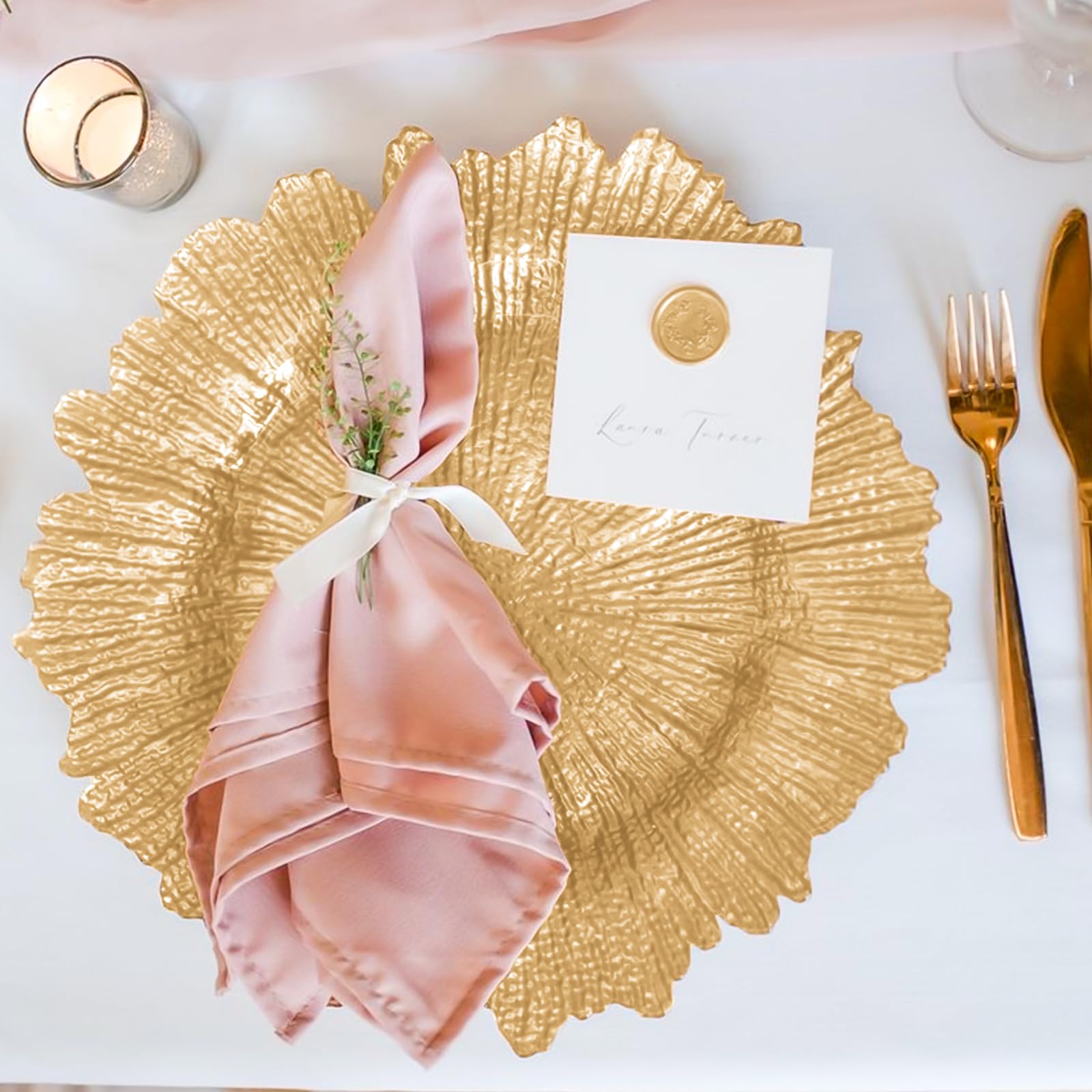 Pcs Gold Charger Plates 13 Inch Round Plastic Reusable with Reef Ruffled Rim