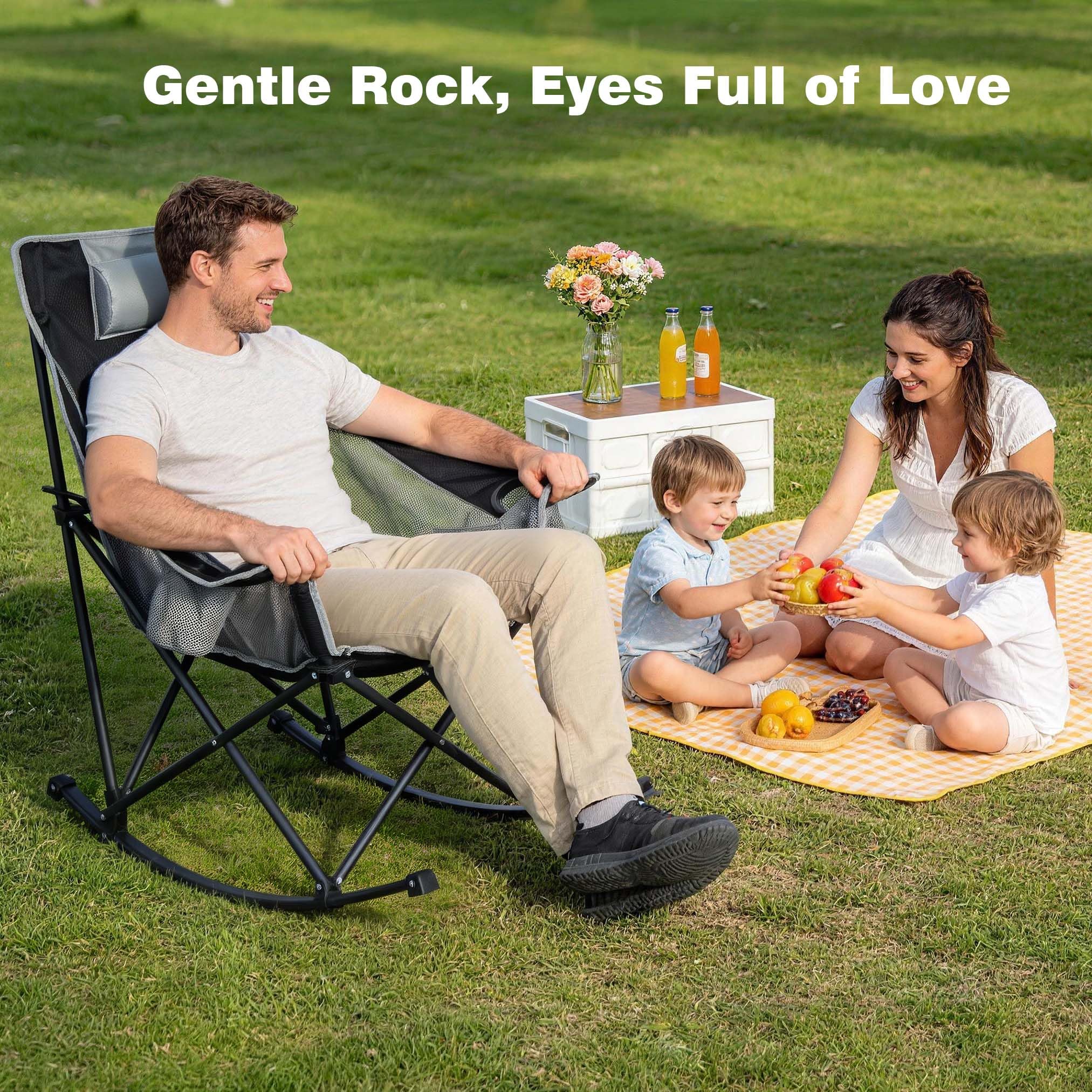 Oversized Rocking Camping Chair Fully Padded High Back Black Grey