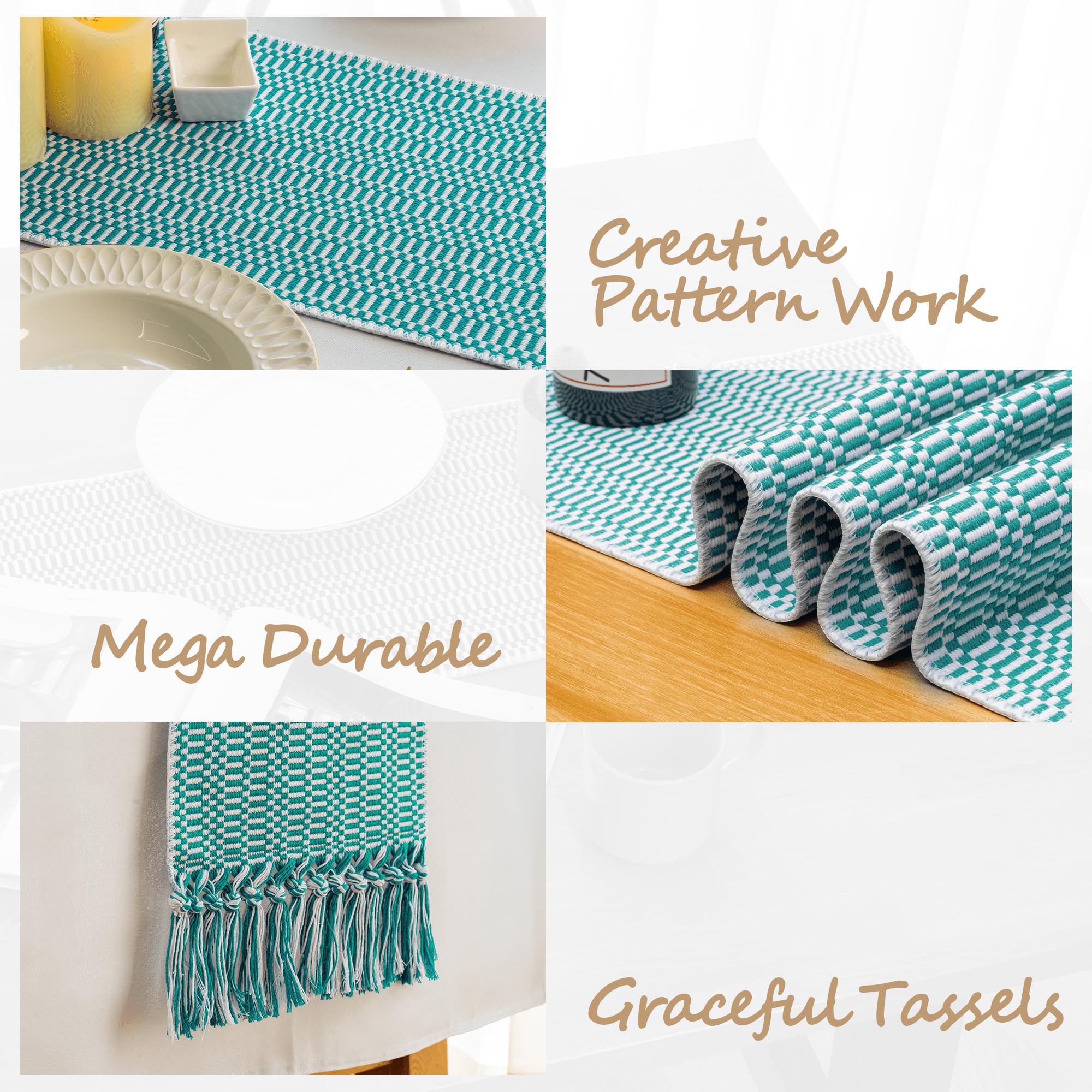 Farmhouse Table Runner 104 Inch White Jade Green with Handmade Tassels Retail $29.00