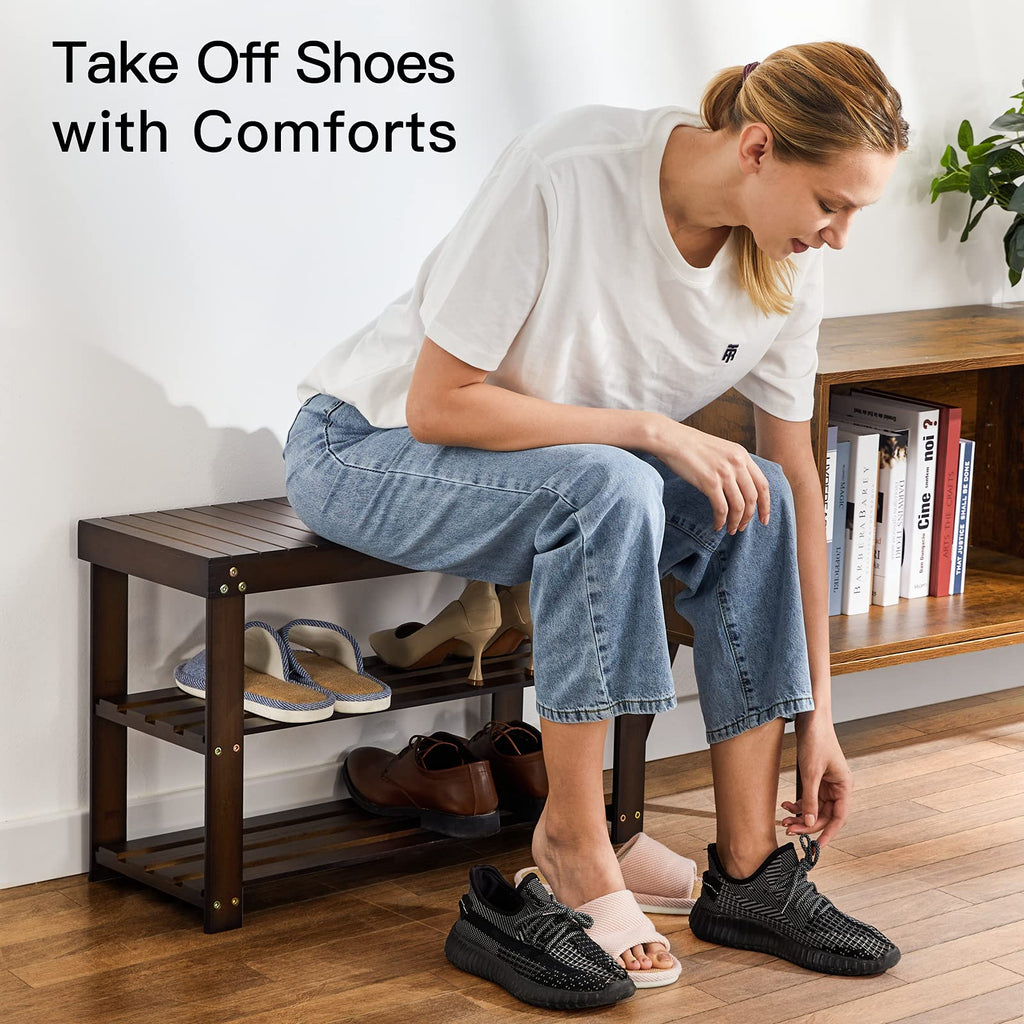 '-Tier Bamboo Shoe Rack Bench Storage Organizer for Entryway Brown