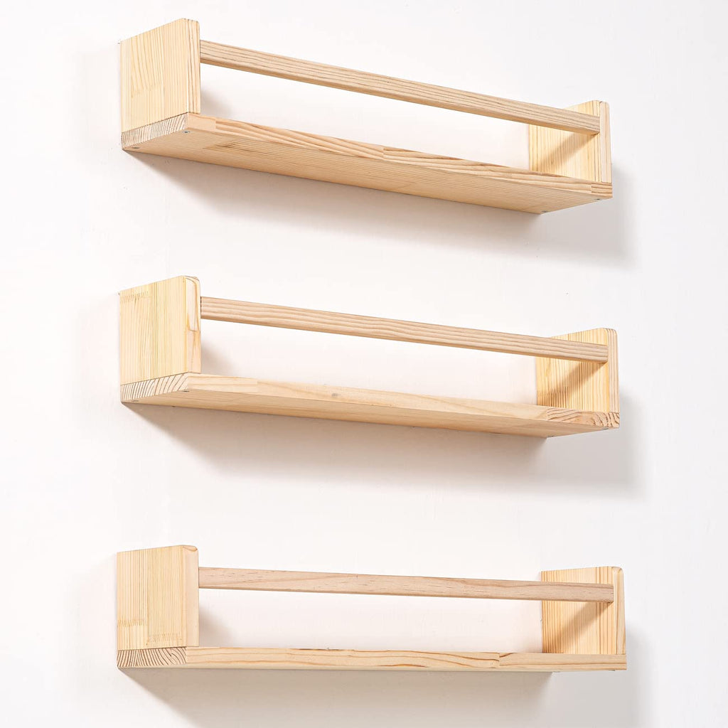 Set of 3 24-Inch Rustic Natural Wood Floating Wall Book Shelves