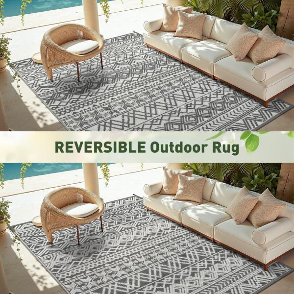 x8 Reversible Waterproof Plastic Straw Outdoor Patio Rug Boho Grey