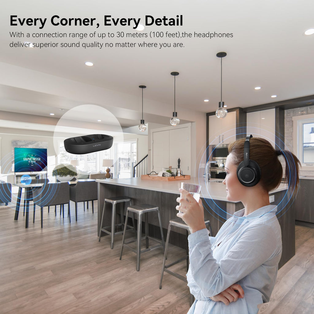 Open-Box New LEVN LE-HS018Lpn Wireless TV Headphones with Bluetooth 5.2  Low Latency - Over-Ear Retail $69.00