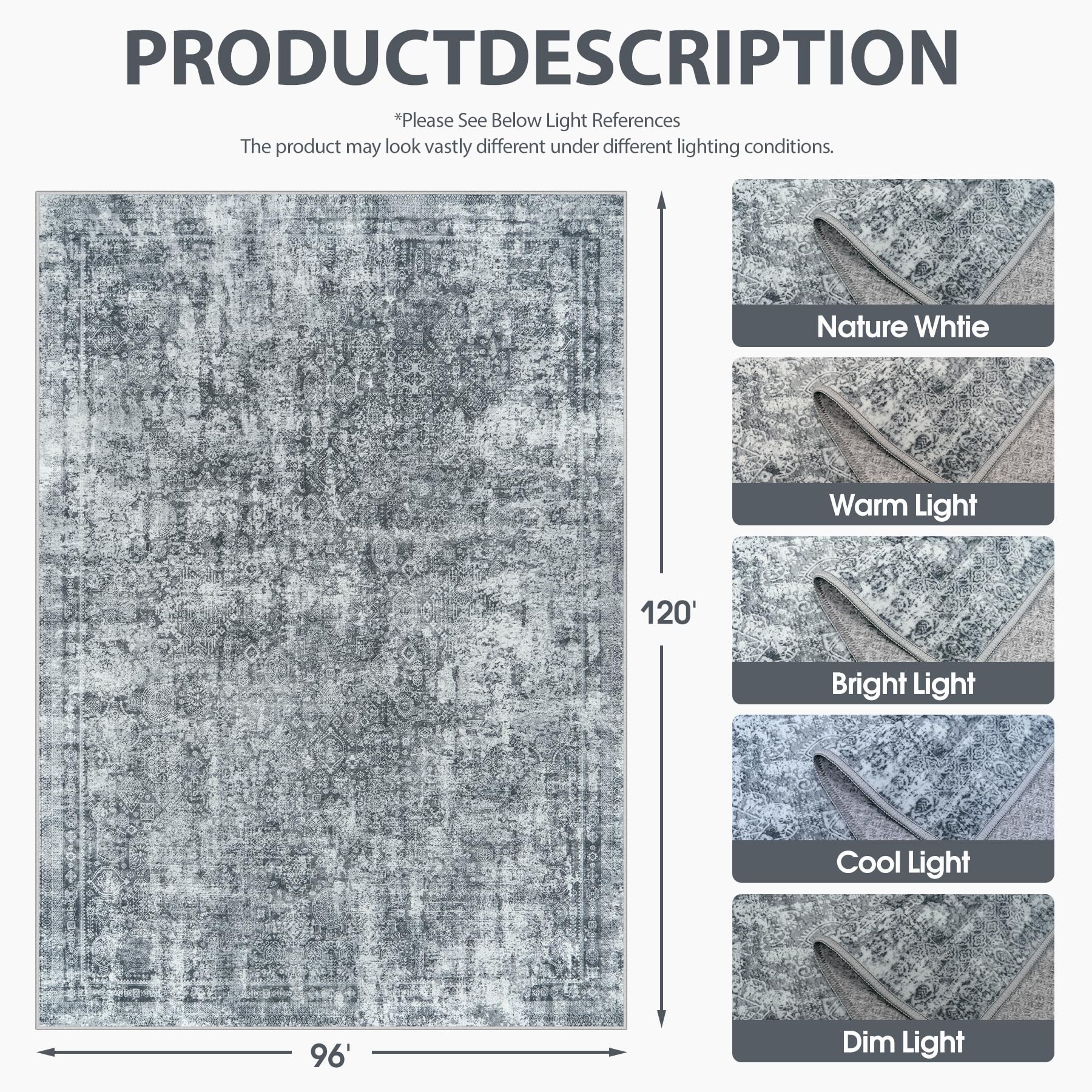 Black Grey 8x10 Washable Non-Slip Vintage Abstract Low-Pile Area Rug