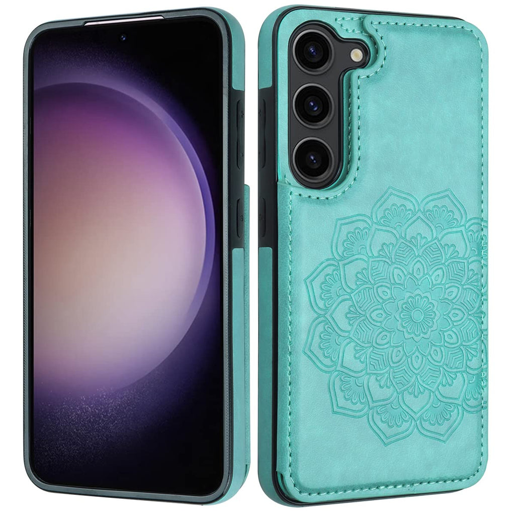 Samsung Galaxy S23 Wallet Flip Case with Card Holder Magnetic Buttons Embossed Flower Pattern Mint