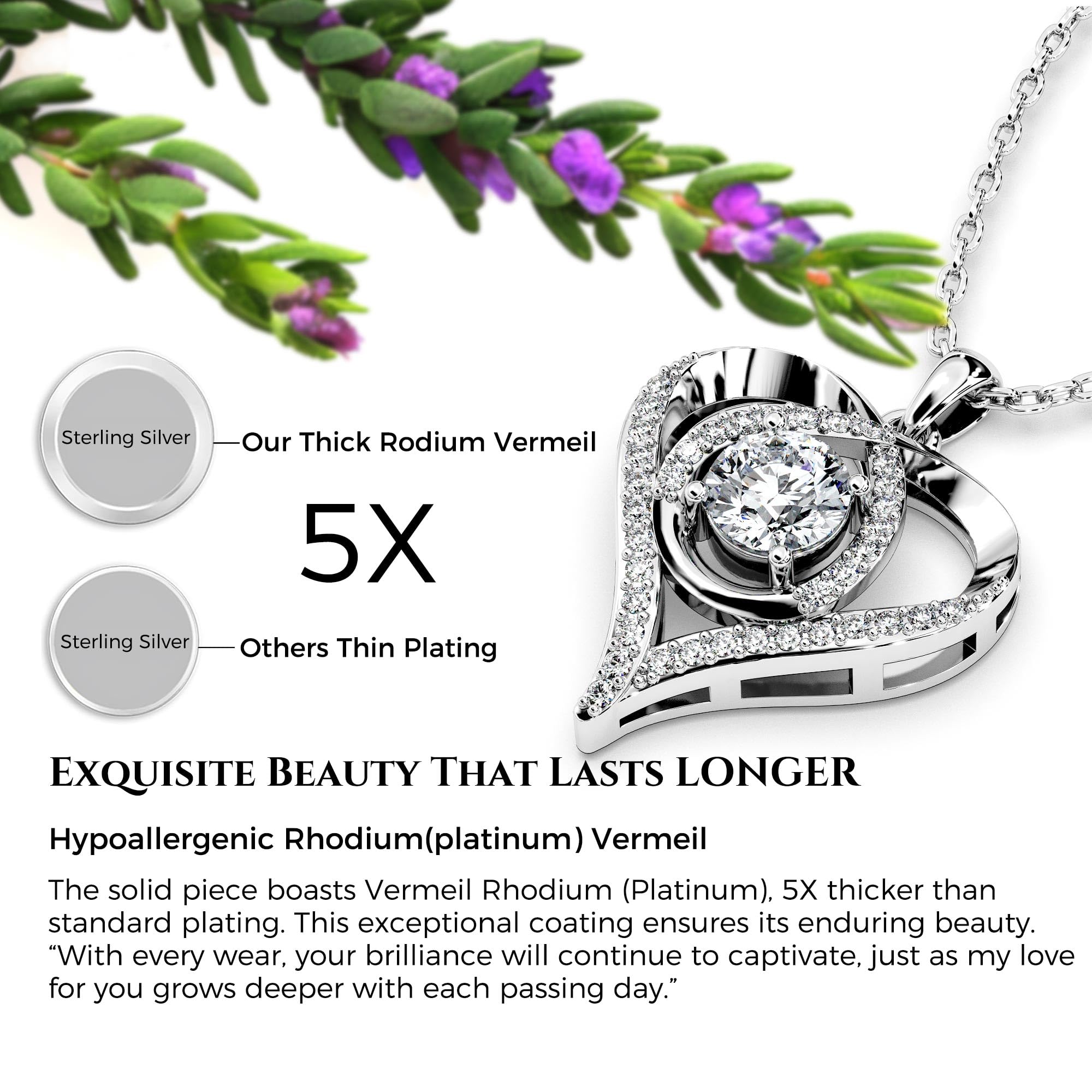 Heart Pendant Necklace Moissanite S925 Sterling Silver White Gold I Love You Engraved Retail $161.00