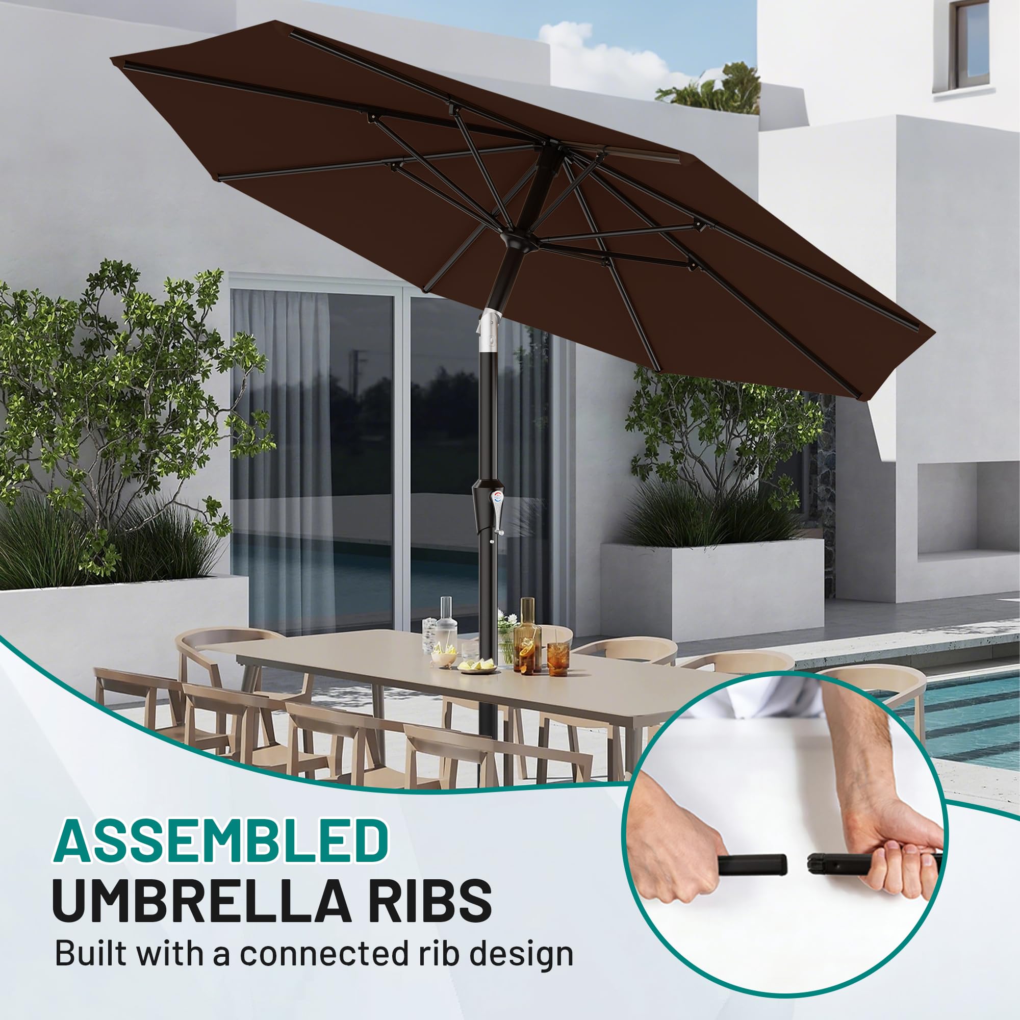 AreShark 10 FT Outdoor Patio Umbrella, Patio Table Umbrella with Push Button Tilt and Crank, Outdoor Patio Umbrellas with 8 Fiberglass Ribs, Patio Umbrellas for Market, Garden, Pool (Brown) Retail $75.00