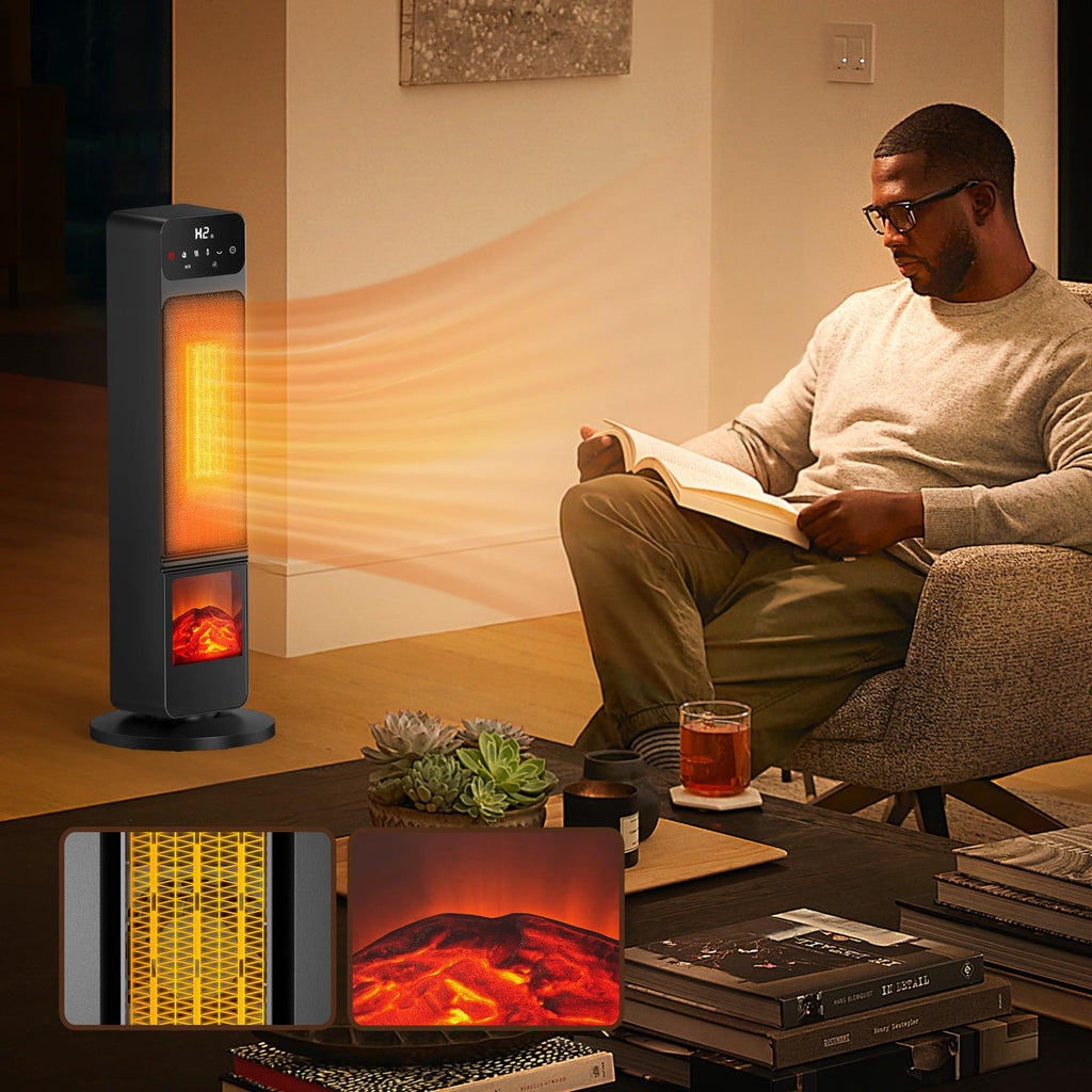 Tower Heater and Fan Combo, 1500W PTC Electric Fireplace Heater W/ 3D Flame, 90° Oscillation Space Heater Fan Combo for Indoor Use, Child Lock & Eco Mode, 12h Timer, Remote Control, Home & Office Retail $89.00