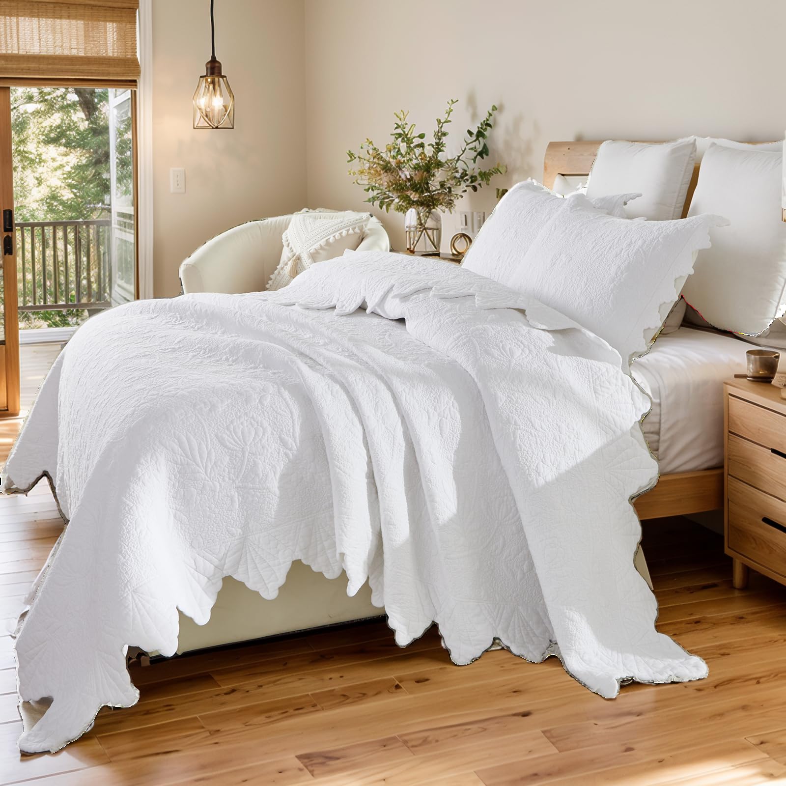 New Brandream Oversized Queen Cotton Quilt Set with Intricate Botanical Vine Stitching