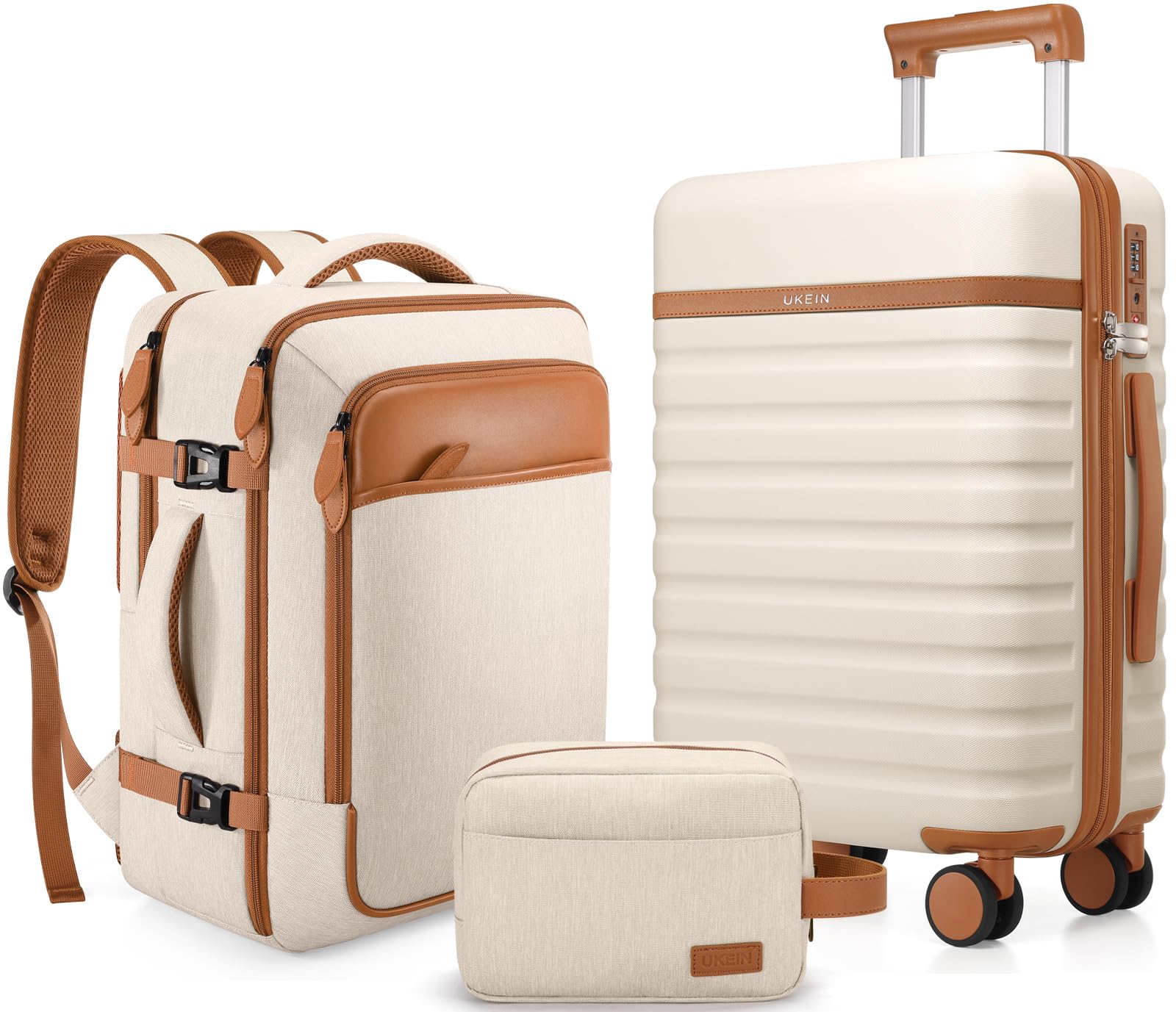Beige 3pc Hardshell Luggage Set with 20 Carry-On  18 Backpack