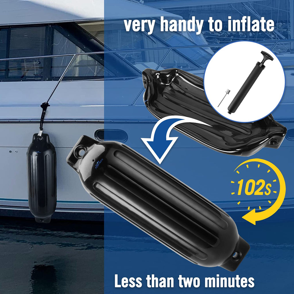 Pack Inflatable Boat Fenders 8.5 Inch with Ropes - Black