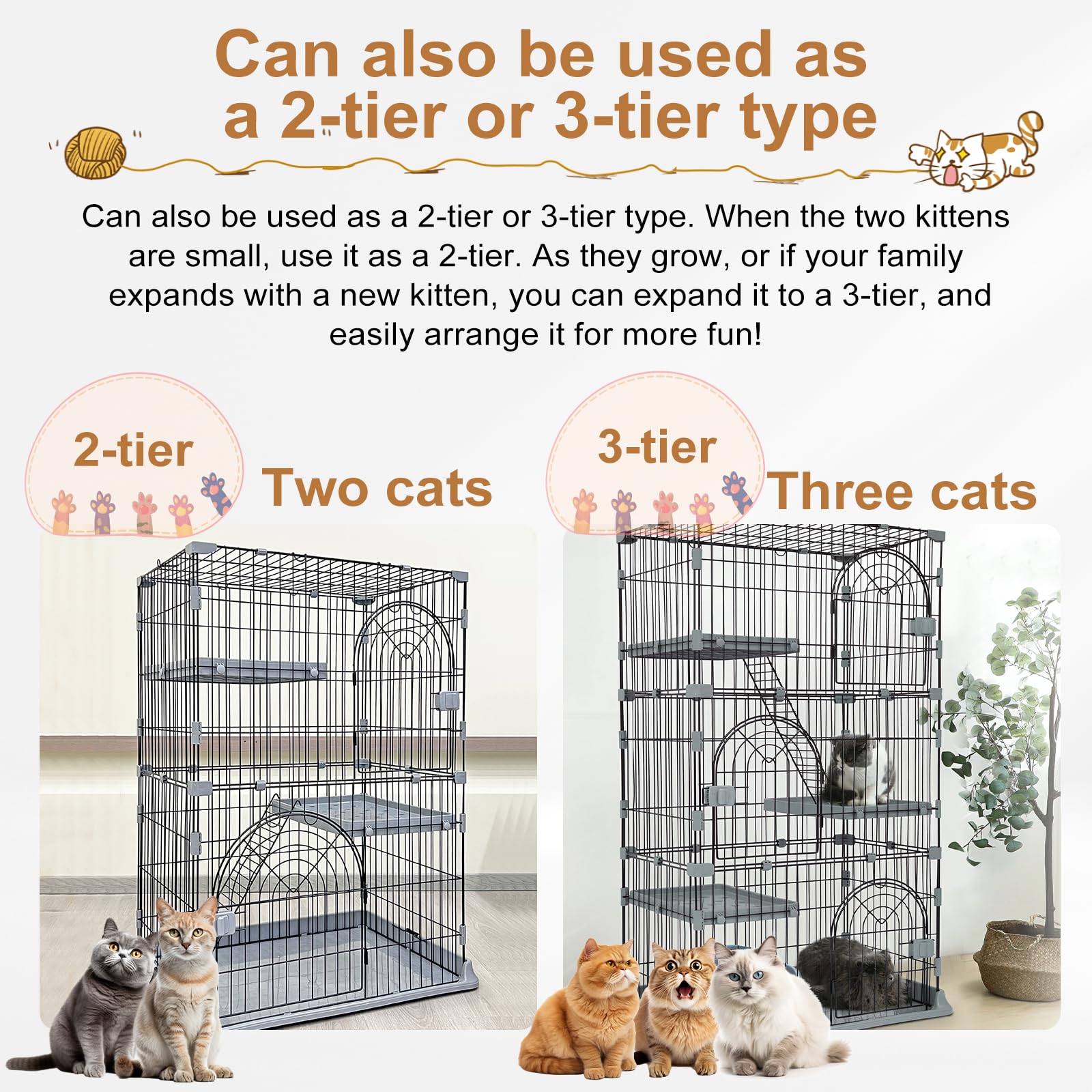 JaxSteam Cat Cage 3-Tier Indoor Cat Enclosure with Widen Bottom Buckle & Reinforced Locking Clamps DlY Cat Playpen for 2-3 Cats & Small Pets,30" Lx 20" W X 52.5" H (Grey, Three-Tier52.5") Retail $109.00