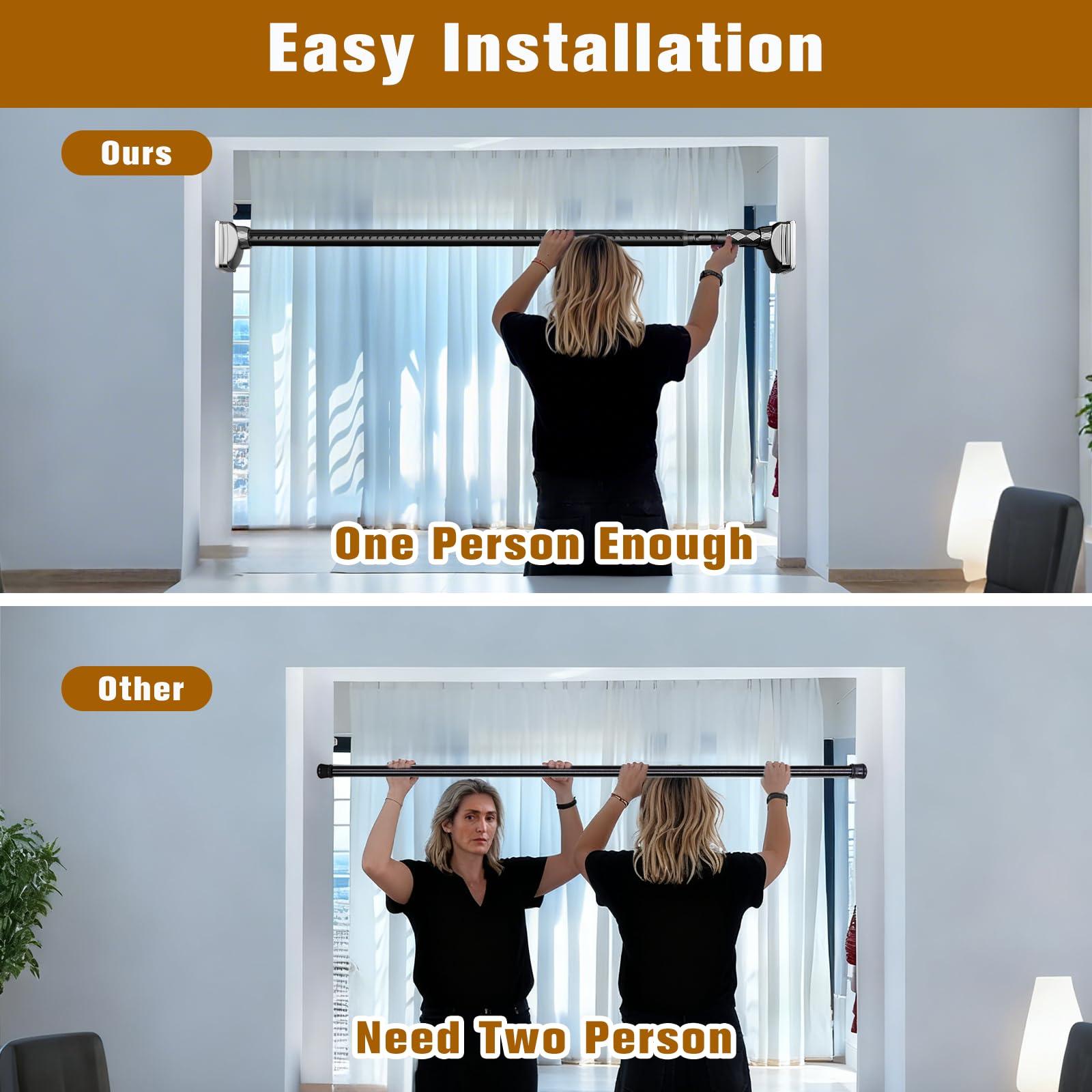 Black Adjustable Tension Shower Rod 40-87 inch Supports 30lbs