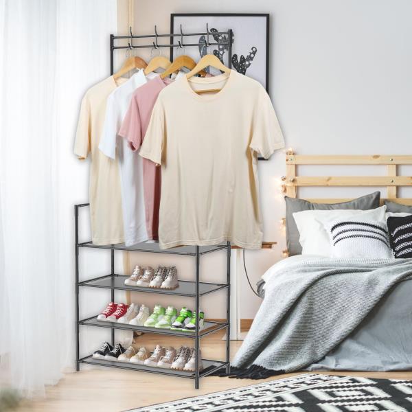-Tier Space-Saving Hall Tree with Shoe and Hat Rack Waterproof Metal Black