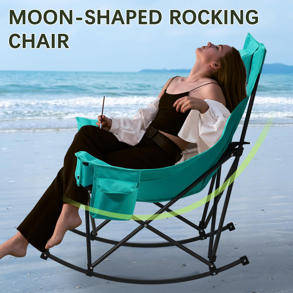 Oversized Folding Rocking Camping Chair w Headrest  Cup Holder 300lbs Blackgreen