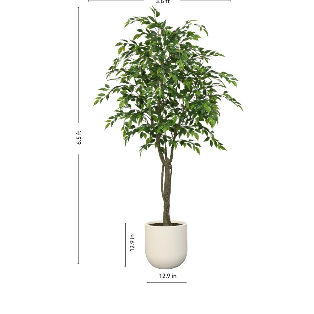Artificial Ficus Tree 6.5 ft Tall Green with White Pot