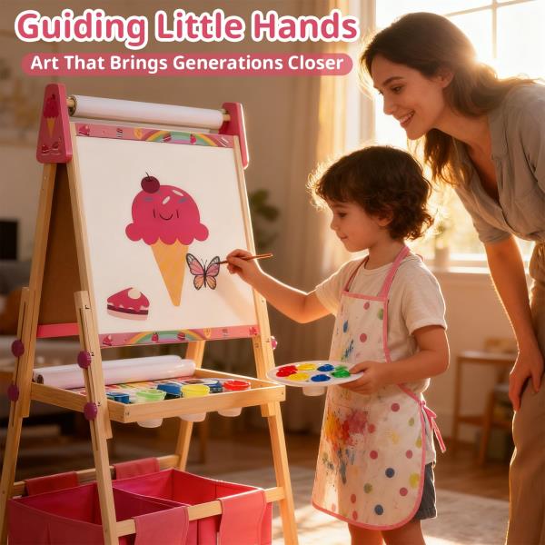 Adjustable Kids Art Easel with 3 Paper Rolls Magnetic Whiteboard and Chalkboard Pink