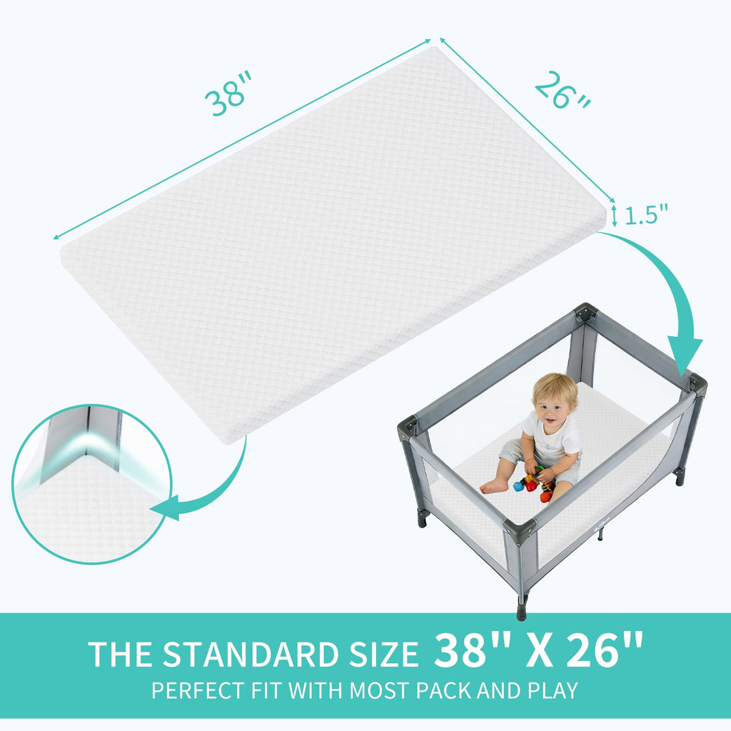 Waterproof High-Density Foam Pack and Play Crib Mattress 38x26 for Baby Toddler - White