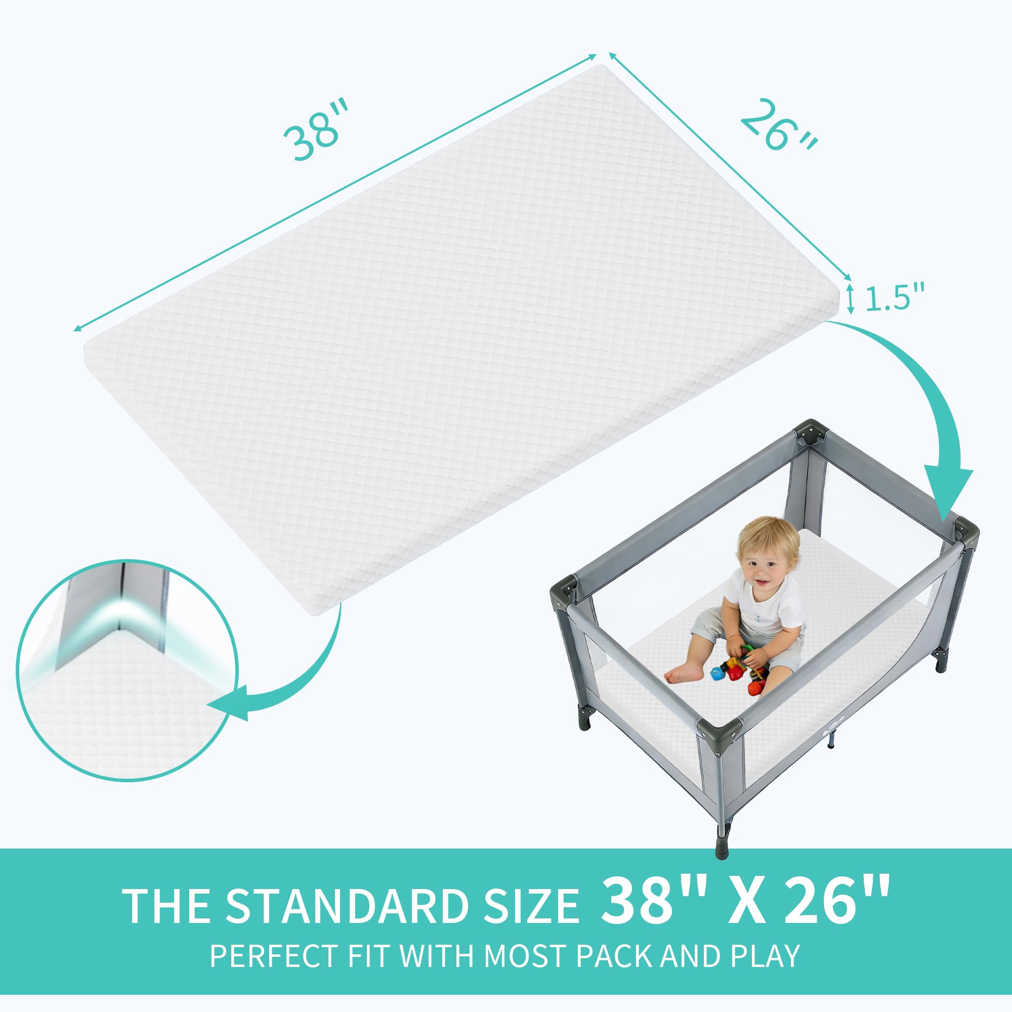 Waterproof High-Density Foam Pack and Play Crib Mattress 38x26 for Baby Toddler - White