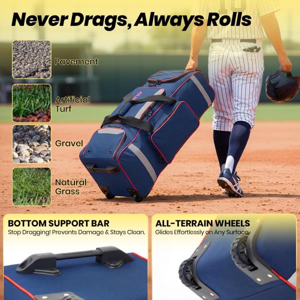 L Rolling Baseball Catchers Gear Bag 3-Zone Storage Blue