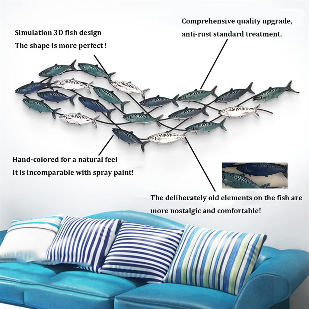 Large Metal School of Fish Wall Art Decor 59.0 x 16.5 Inches BlueWhiteGreen $79.50