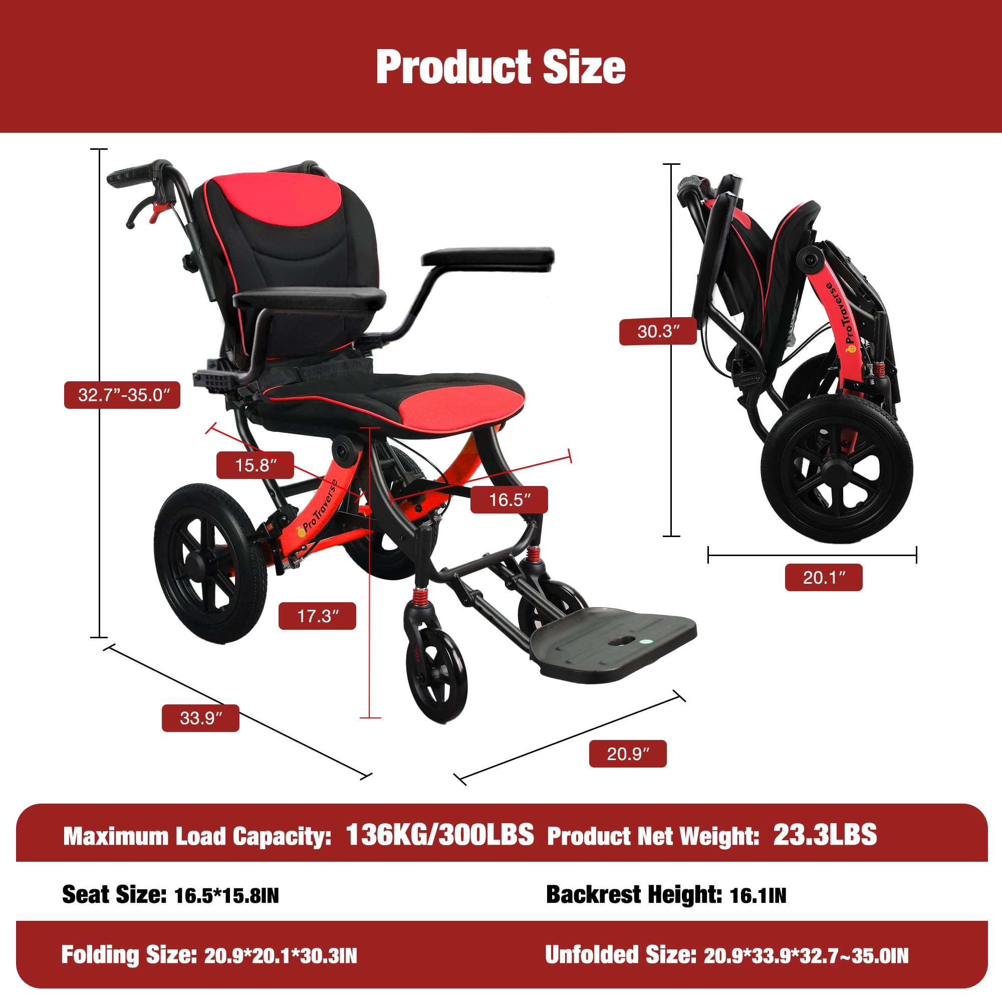 Lightweight Foldable Transport Wheelchair for Adults 11-inch Rear Wheels 300lb Capacity - RedBlack