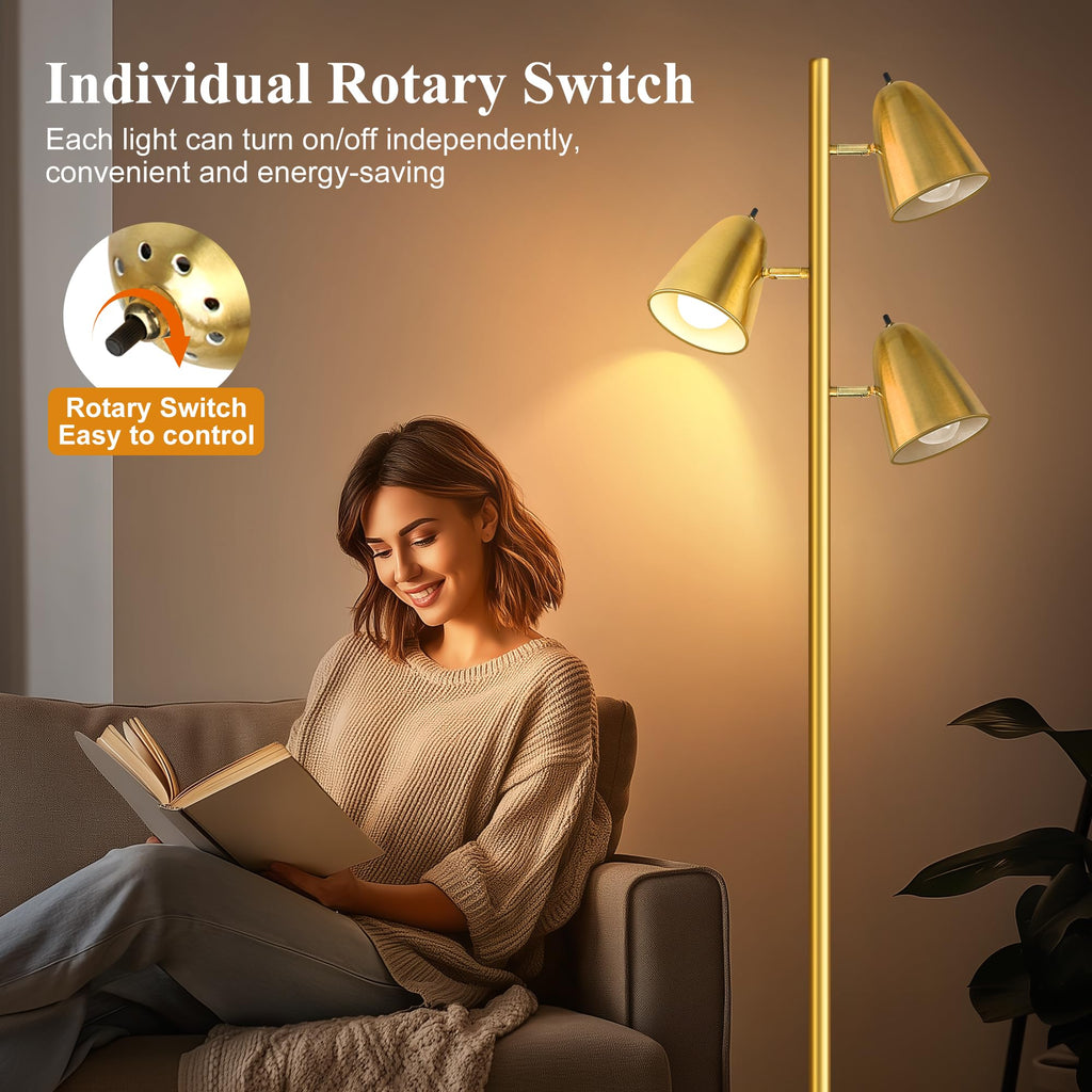 Brushed Gold Tree Floor Lamp with 3 Light Bulbs Standing Tall Pole Lamp 3 Adjustable Arms Retail $61.00
