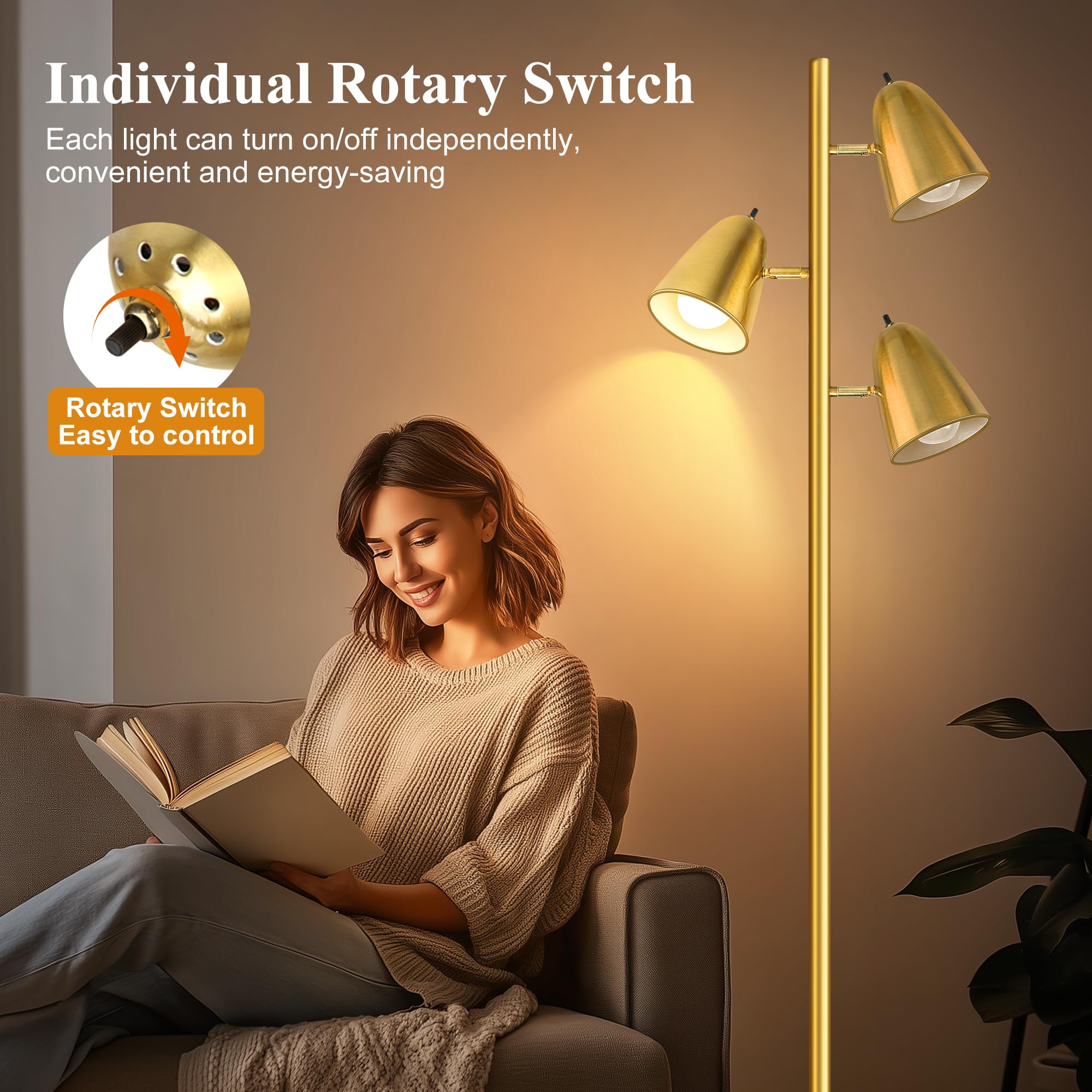 Brushed Gold Tree Floor Lamp with 3 Light Bulbs Standing Tall Pole Lamp 3 Adjustable Arms Retail $61.00