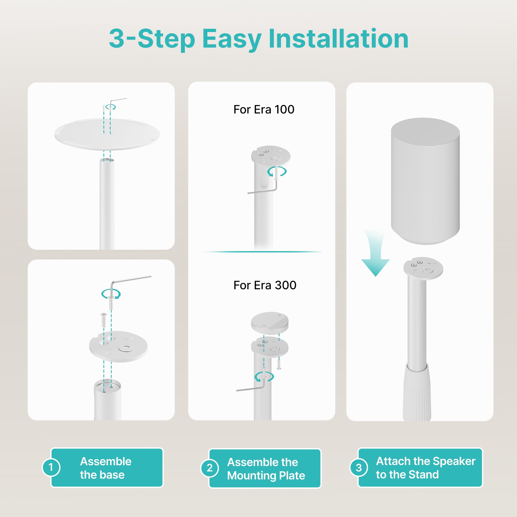White Height-Adjustable Speaker Stands Pair for Sonos Era 100  300 Cable Management